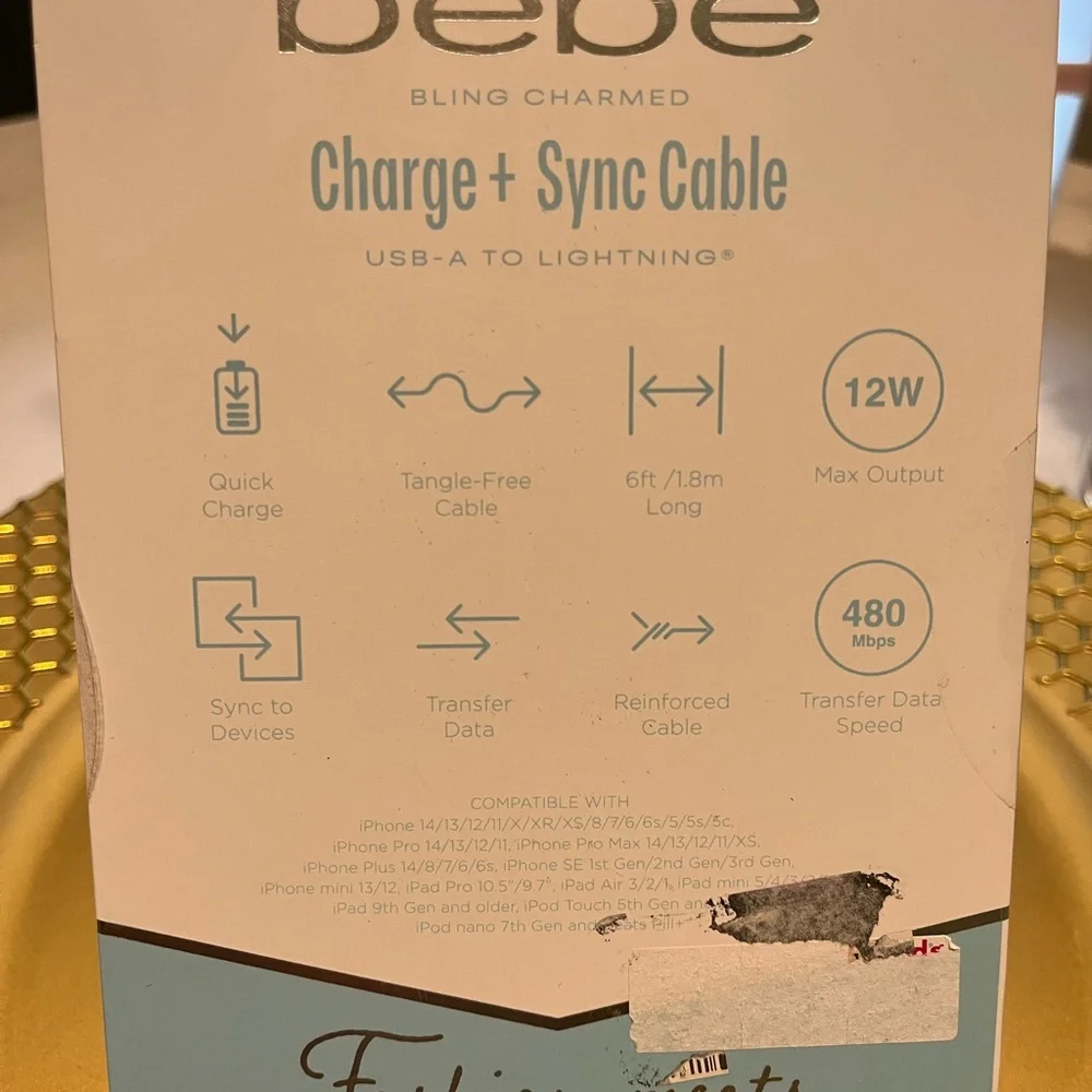 Bebe Aqua Lightning Cable with Rhinestone Accents cellphone